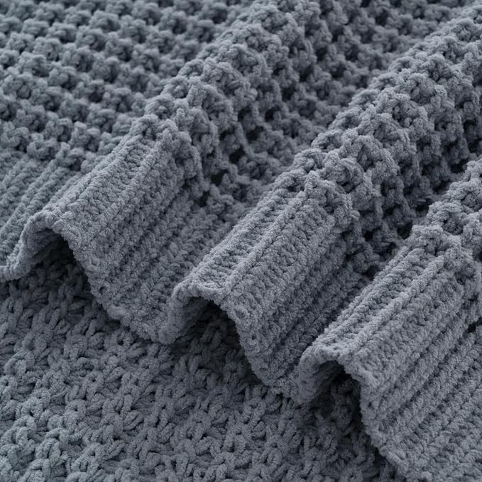 Blue Grey Throw Blanket for Couch, Waffle Knitted Throw Blanket 60"x80" | Chunky Chenille Throw Blanket, Soft Blue Throw Blanket for Home Decor, Sofa, Modern Farmhouse Knit Style