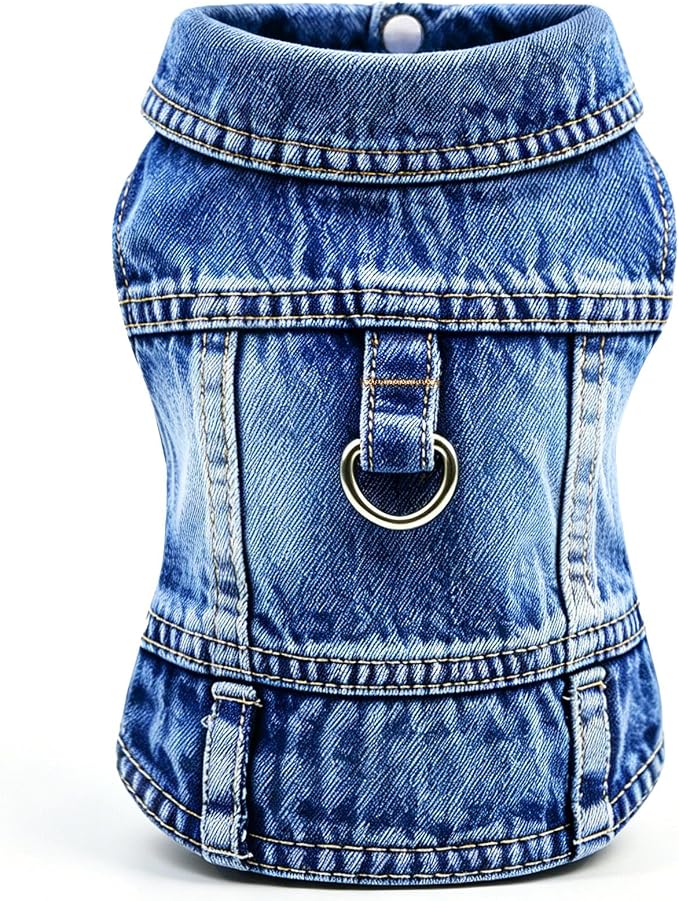 Dog Jean Jacket,Blue Denim Vest for Small Pet,Cute Clothes with D-Ring | Soft Washed Cotton Denim Costume,Cool Apparel Dress Shirt for Puppy,Classic Coat Outfit for Small Dogs Cats Boy Girl