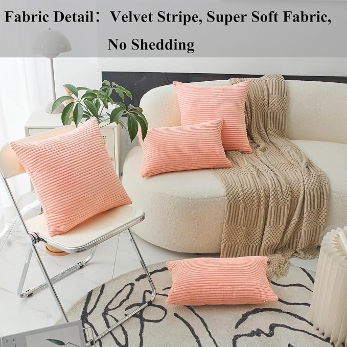 Home Brilliant Pink Throw Pillow for Couch Pillow Cover 18x18 Striped Velvet Corduroy Pillow Cover for Holiday Party, 18 x 18 inch, Coral