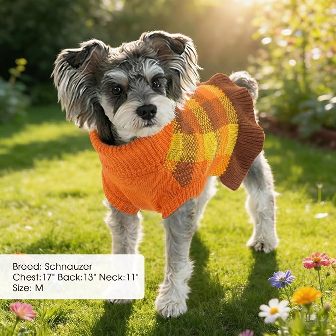 Dog Sweater Dress Plaid Knitwear for Small Medium Dogs Warm Puppy Pet Turtleneck Stretch Pullover Cute Fall Winter Vest Clothes with Leash Hole for Christmas (Orange, S)