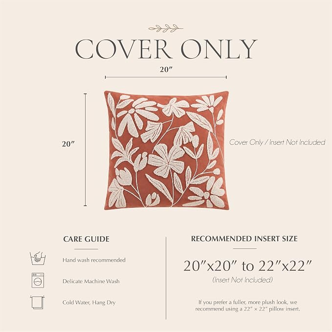 Throw Pillow Cover 20x20 Inch, Rust Terracotta Floral Tufted Velvet Decorative Accent Pillow Case for Sofa Bed Living Room, Cover Only
