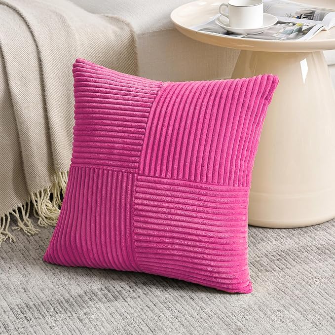 Fancy Homi Set of 1 Hot Pink Square Decorative Throw Pillow Covers 14x14 Inch for Living Room Bedroom Couch Bed Sofa, Soft Striped Corduroy Modern Rectangle Accent Cushion Case 35x35 cm