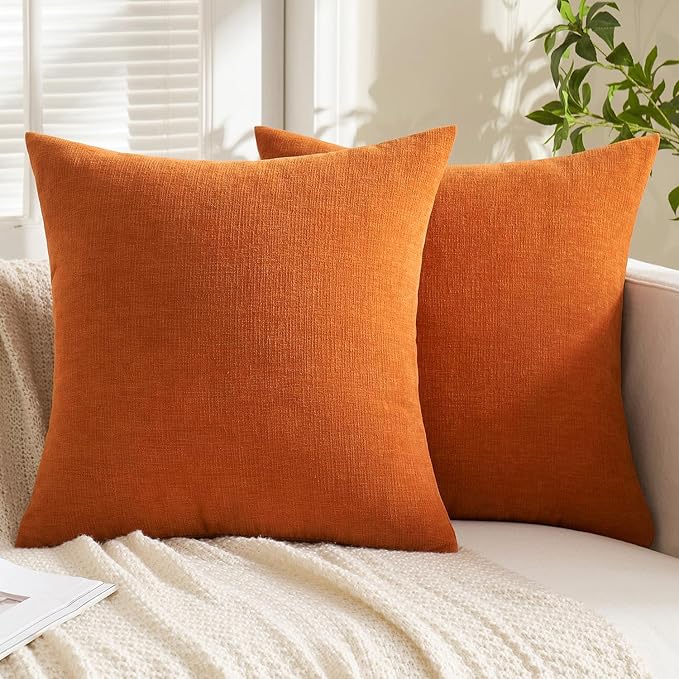 MIULEE Fall Orange Chenille Couch Throw Pillow Covers, 18x18 | Set of 2, Soft Farmhouse Modern Home Decor, Decorative Pillowcases for Sofa Living Room Bed