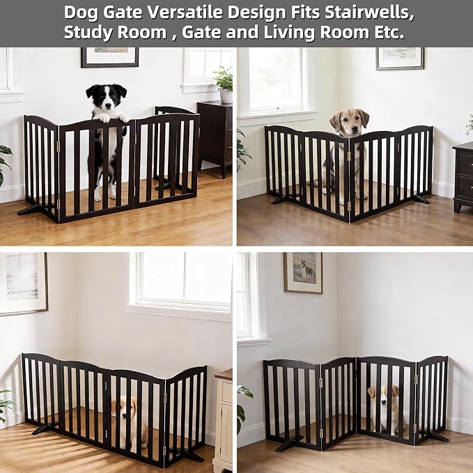 ZJSF Foldable Freestanding Indoor Dog Gate for House Wood Long Pet Gates Dog Fence for Stairs Puppy Gates for Hallways, Puppy Gate,Support Feet Included, Black, 32 "Height-4 Panels