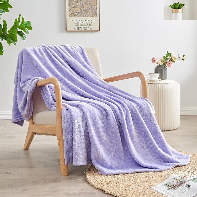 Super Soft Flannel Fleece Throw Blanket, 50 x 60 Inches, Lilac | Lightweight Cozy Warm Leaves Textured Plush Blanket for Bed Couch Sofa
