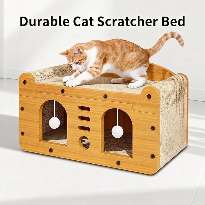 3-in-1 Scratcher Cat House – Save Your Furniture Combines Play Cave, Cozy Bed & Scratching Pad. Durable Cardboard, Reduces Stress. Ideal for Indoor Cats Who Love to Scratch, Play & Nap (MD-DOOR1)