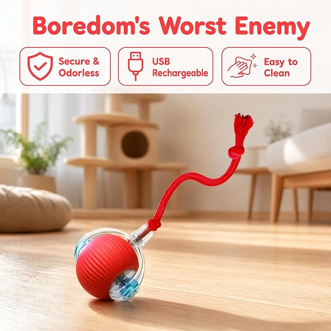 Interactive Cat Toy Ball, Smart Interactive Cat Toys, Smart Cat Toy for Enrichment, Motion Activated Automatic Cat Toys to Keep Them Busy (Red)