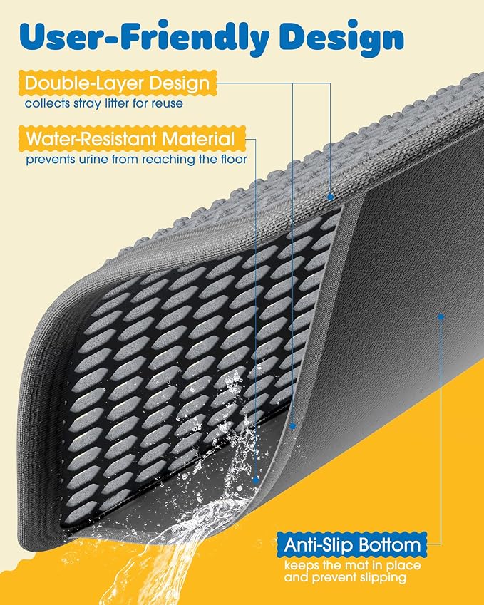 Powools Cat Litter Mat, 23.2 x 14.6 in, Waterproof, Non-Slip, Grey | Litter Trapping Mat, Easy to Clean, Litter Box Mat, Urine-Proof, Cat Toilet Training Systems Accessories, Indoor Cats