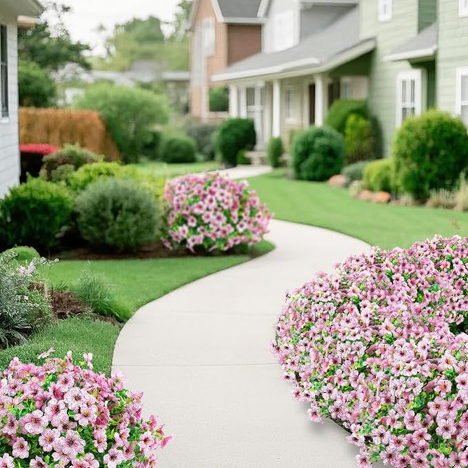 12 Pcs Artificial Flowers for Outdoors Decorations, Pink | Lifelike silk flowers, UV resistant, faux plastic plants, for garden porch window table vase home indoor outdoor decor