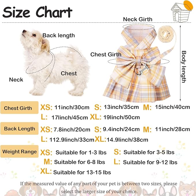 Potchen 4 Pcs Plaid Dog Dresses with Bow Harness and Leashes,M,Light Color