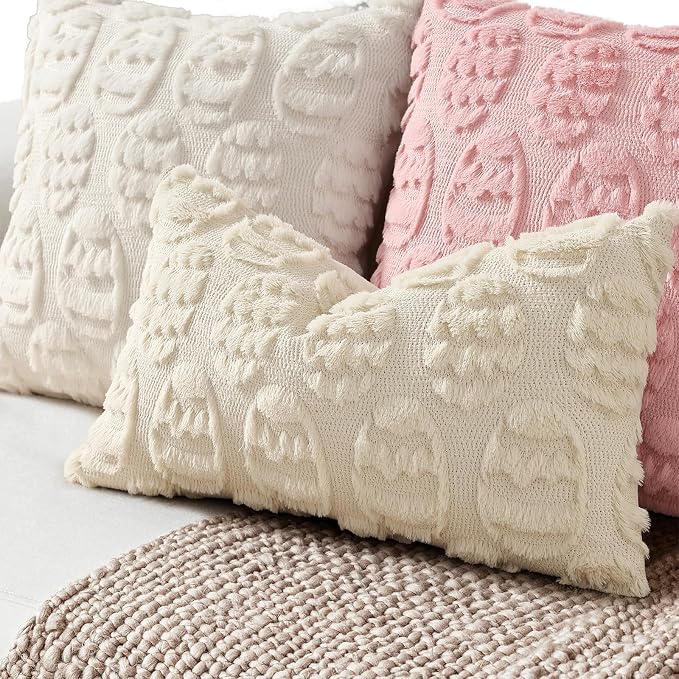 decorUhome Beige Faux Fur Egg Throw Pillow Covers 12x20 Set of 2 | Plush Soft Wool Jacquard Beige Cushion Covers, Modern Farmhouse Neutral Easter Holiday Decor Pillow Covers for Couch Sofa Bed