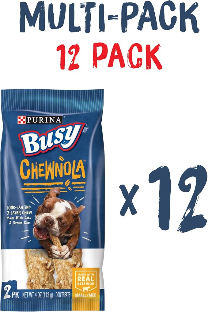 Purina Busy Rawhide Small/Medium Breed Dog Bones, Chewnola with Oats & Brown Rice - (Pack of 12) 2 ct. Pouches | Three-layer dog treat made with wholesome grains and a real beefhide center, long-lasting chew that helps clean teeth