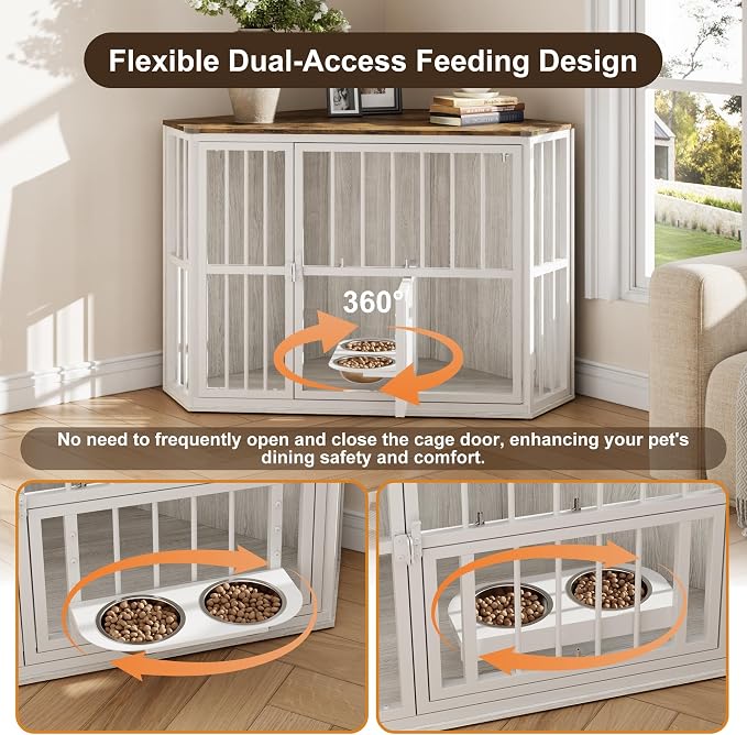 Corner Dog Crate Furniture for Small Dogs, Indoor Kennel, Washed White