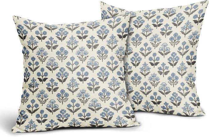 Black Blue Floral Block Print Pillow Covers 24x24 Inch Set of 2, Vintage Flower Pattern Spring Summer Decorative Throw Pillowcases Outdoor Rustic Farmhouse Cushion Covers Seasonal Sofa Couch Bed Decor