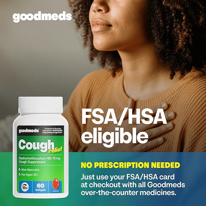 Cough Relief for Adults Softgels Dextromethorphan HBr (DXM) 15mg 8Hour, Non-Drowsy, Long-Lasting Bronchial Suppressant for Dry Cough and Chest Congestion (60 Count)