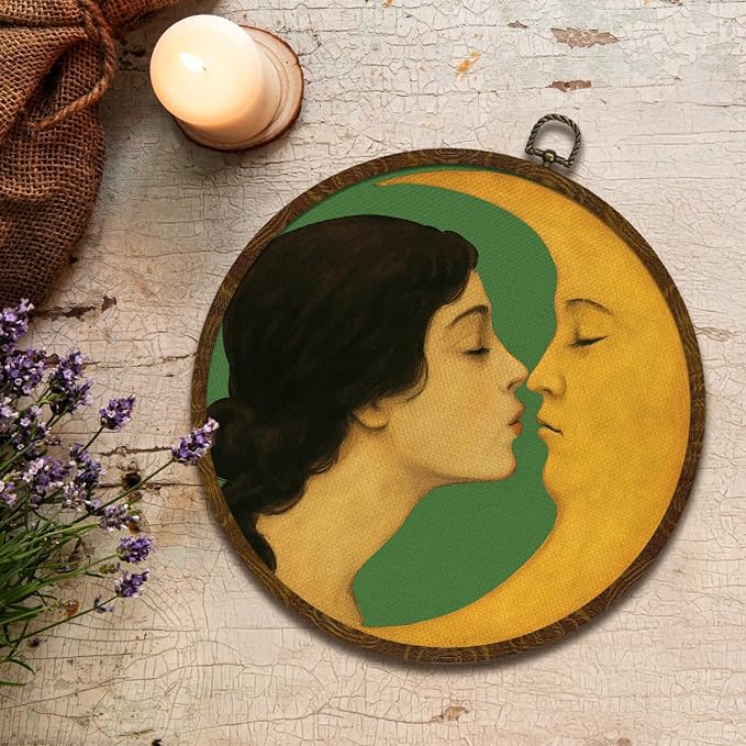 KLYTINK Romantic Moon and Young Girl Round Wall Art,Vintage-Inspired Celestial Canvas Print, Surreal Moon and Woman Hanging Decor for Bedroom, Gallery Wall 10''x10''