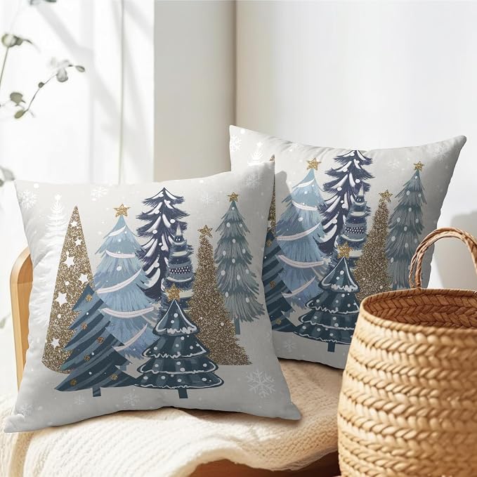Kawani Blue Christmas Trees Pillow Covers 22x22 Inches, Set of 2 Xmas Winter Seasonal Snowflakes Pine Tree Cotton Linen Cushion Case Farmhouse Decorative Pillowcase for Home Sofa Couch