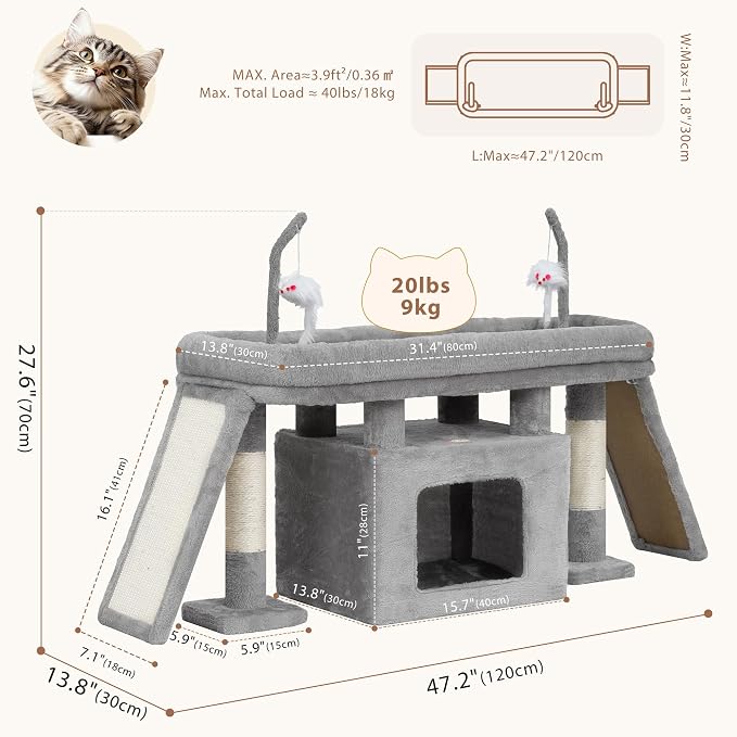 Heybly Cat Tree Extra-Long & Stable 2 Adjustable Scratch Boards HCT210SW | Easy-Climb Cat Tower with Dual-Leg Floor Condo, Sturdy Cat Furniture with Extra Wide Platform & Interactive Toys, Light Gray