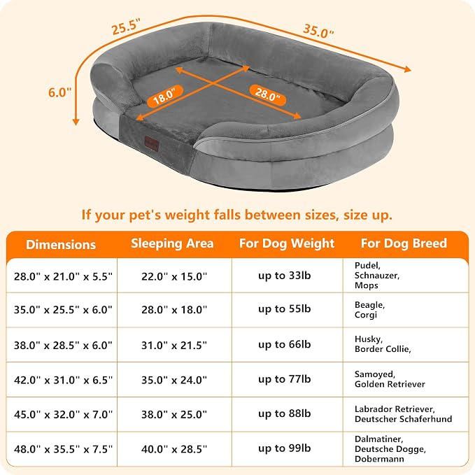 Dwanton Orthopedic Waterproof Medium Dog Bed Sofa, Gel Memory Foam, 36" | Egg-Crate Foam Dog Sofa, Washable Pet Bed with Four Sided Bolster Cushion, Removable Cover & Non-Slip Bottom, Medium Grey