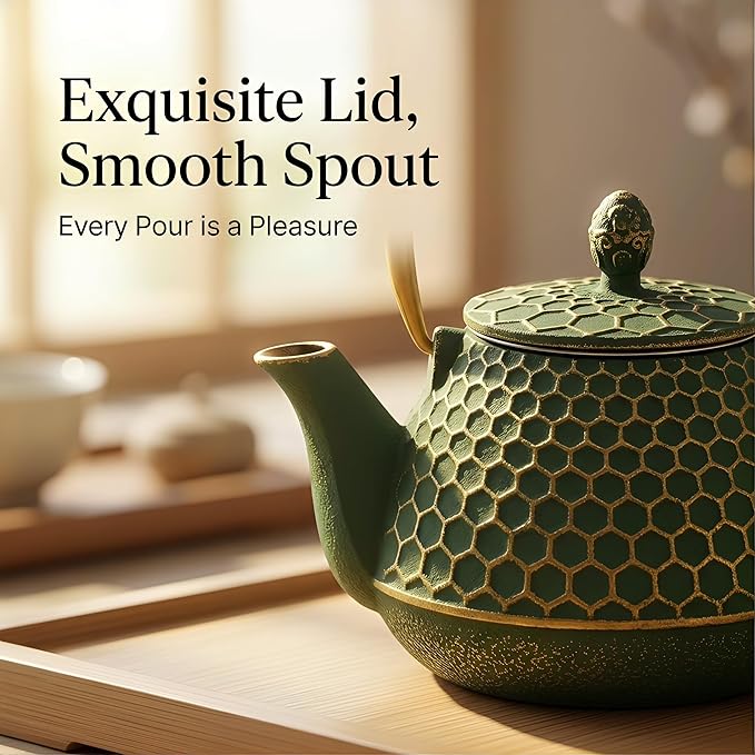 Cast Iron Tea Kettle, Japanese Tetsubin Teapot Coated with Enameled Interior, Durable Cast Iron Teapot with Stainless Steel Infuser for Stovetop Safe(1000ml/34oz)