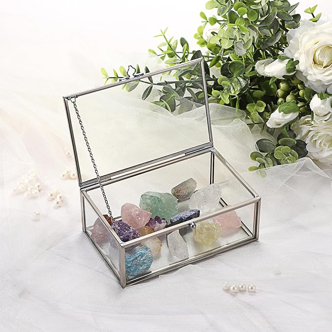 Hipiwe Vintage Glass Keepsake Box Small Jewelry Display Case Lidded Box | Home Decor Accent Decorative Glass Box Organizer for Storage Trinket Rings Bracelet, Silver