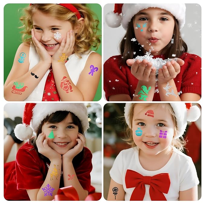 Christmas Temporary Tattoo Markers for Kids and Adults, 8 Metallic Markers and 165+ Temporary Tattoo Stencil Designs for Christmas, Cosmetic Tattoos Pens for Party Favor