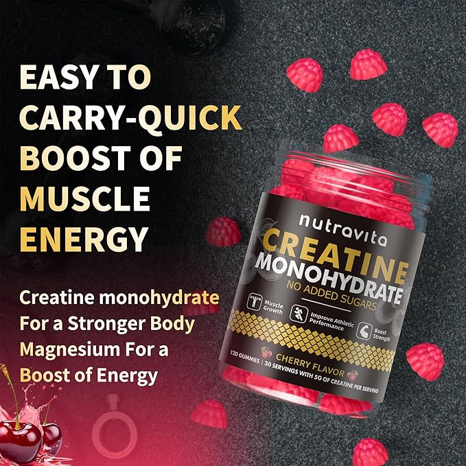 Nutravita Creatine Monohydrate Gummies for Men & Women-5g of Creatine Monohydrate per Serving - Sugar Free,Vegan, Cherry Flavor, 120 Count
