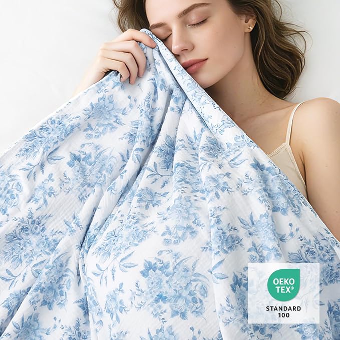 Viviland Fleece Throw Blanket Reversible Muslin Blankets, Soft Throw Blanket for Couch and Bed, Breathable Quilt Bedspread, Gauze Bedding for Adults, Large 50x70 inch, Blue Nerrah
