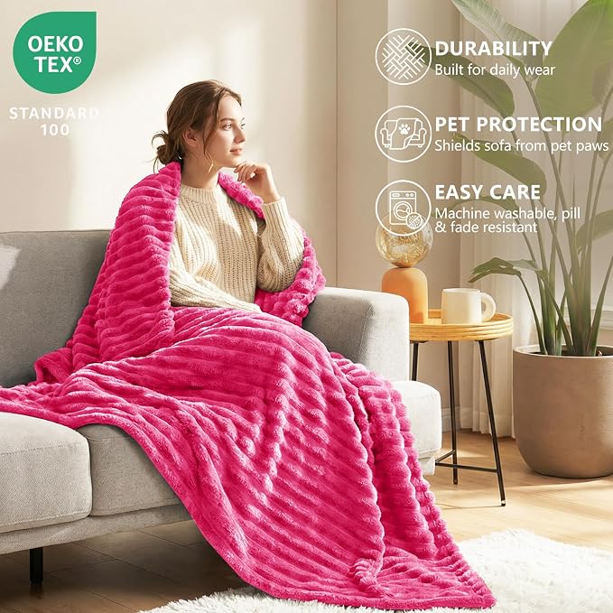 HIMEET Hot Pink Throw Blanket for Couch, 300GSM Ribbed Fleece, 50 x 60 in | Ultra Soft Flannel, All-Season Lightweight Warmth, Home Room Decor & Dorm Essential, Gift for Men & Women, Machine Washable