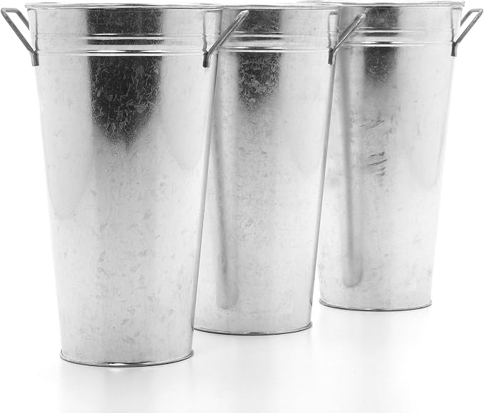 Hosley Set of 3 Galvanized French Bucket Vase with Handles 5" Dia x 9" H Ideal for Farmhouse Dried Floral Arrangements at Home for Weddings Gifts Spa and Aromatherapy Settings O5
