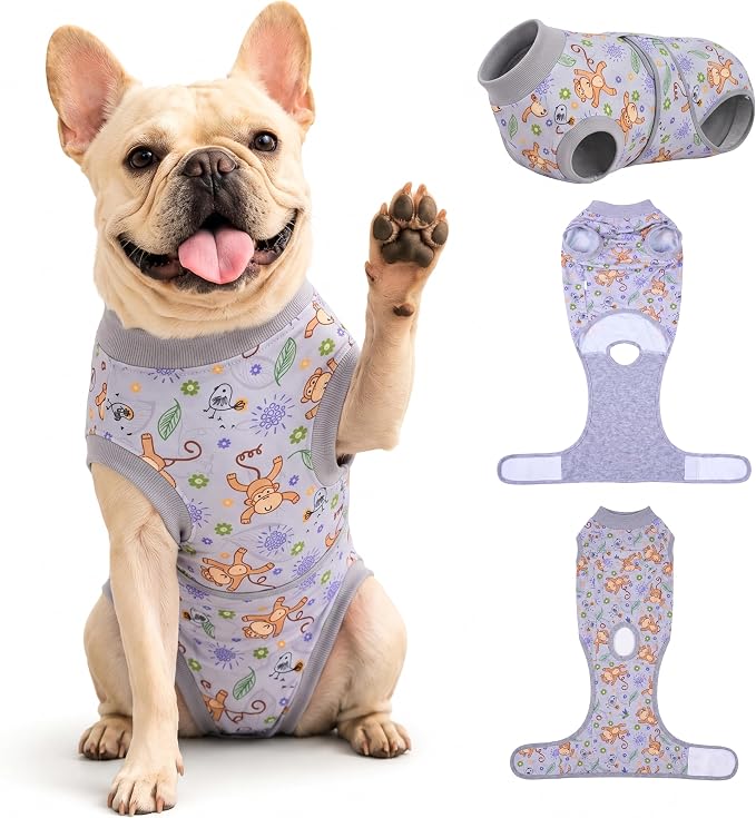 PetWarm Recovery Suit for Dogs, Dog Surgical Recovery Suit Female and Male, Dog Onesie for Surgery, Anti-Licking Dog Surgery Recovery Suit, Monkey Pattern, Grey, XS