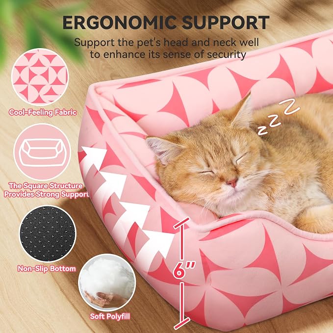 Zerbuger 20in Pink Pattern Rectangle Cat Dog Bed Machine Washable Sofa | Sleeping for Large Medium Small Pets Indoor Outdoor, Non-Slip Bottom Soft Puppy Bed Durable Orthopedic Calming Pet Cuddler