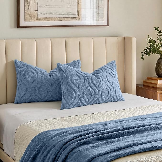 decorUhome Faux Fur Soft Dusty Blue Throw Pillow Covers 12x20 Set of 2 | Plush Solid Fall Couch Pillow Covers, Accent Modern Farmhouse Neutral Decorative Square Pillow Cases for Sofa Bed Living Room