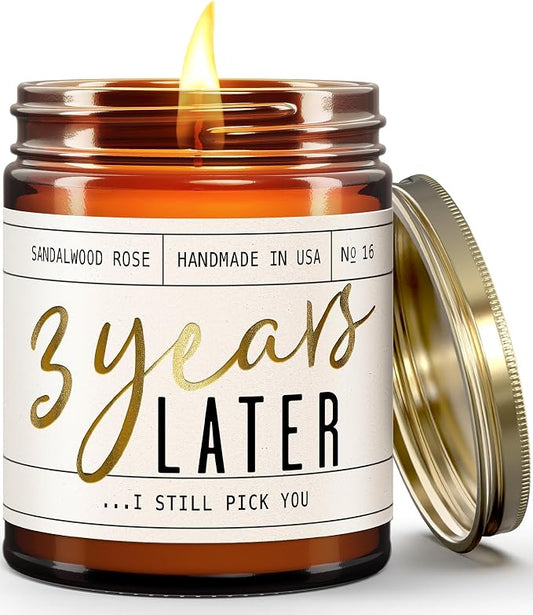 3 Year Anniversary Gift for Her - '3 Year Later' Candle, w/Sandalwood Rose - infused w/Essential Oils I 3rd Anniversary Gifts for Wife I 3 Year Wedding Anniversary Gifts I 50Hr Burn I USA Made