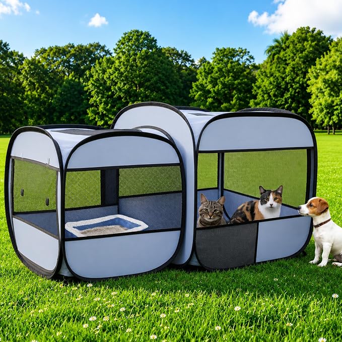 2-in-1 Dog Playpen, Portable Cat Playpen, No Assembly Need | Pop Up Puppy Pet Play Pen Tent Indoor Outdoor Enclosed, Large Kitten Crate Cage Kennel, Small Animals Kitty Condo House