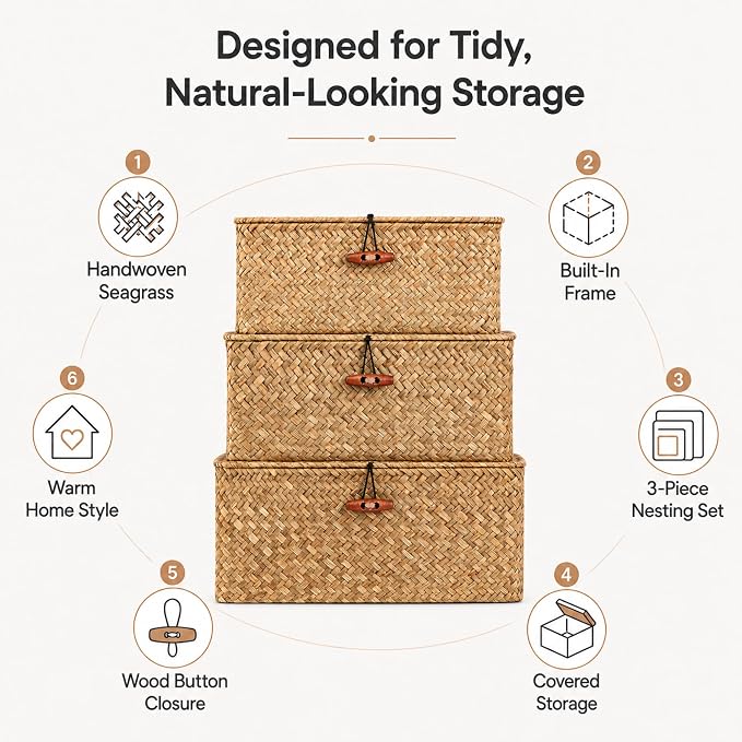Square Handwoven Seagrass Wicker Storage Baskets with Lids, Set of 3 | Attached lids and internal iron frames help each basket hold its shape; compatible with IKEA KALLAX cube shelving.