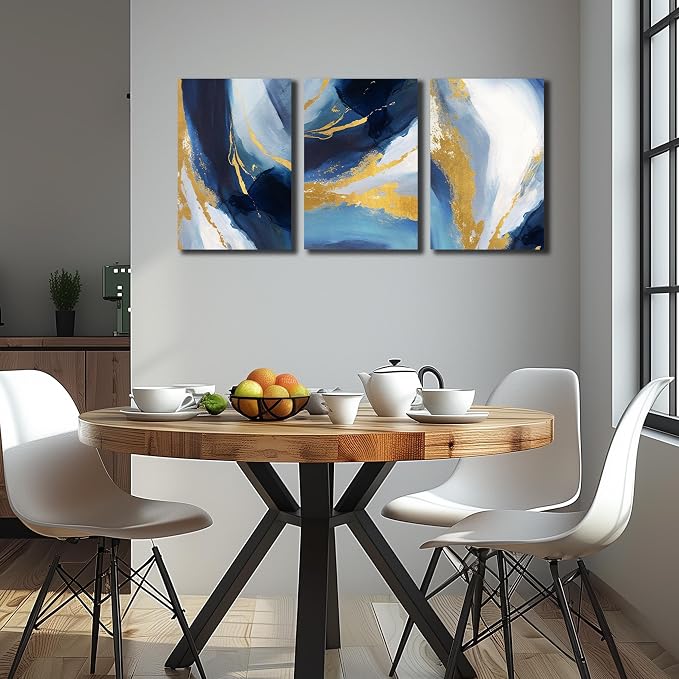 DNIEOTU Abstract Canvas Wall Art for Living Room, Blue and Gold Picture Prints Wall-Decor for Bedroom, Size 16 x 24 Inches 3-Pieces