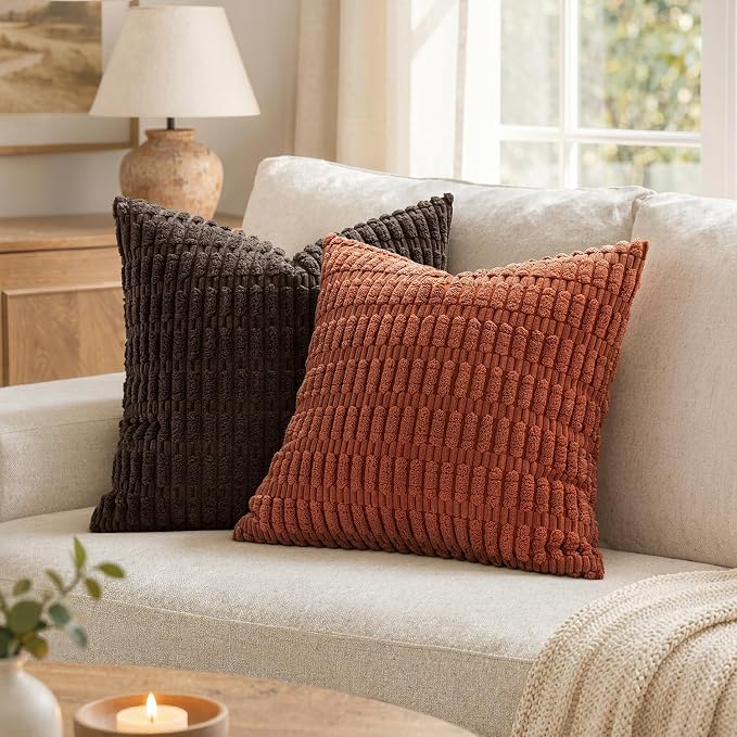 MIULEE Fall Corduroy Decorative Throw Pillow Covers 12x12 Rust Pack of 2 | Terracotta Soft Boho Striped Pillow Covers Modern Farmhouse Autumn Home Decor For Sofa Living Room Couch Bed