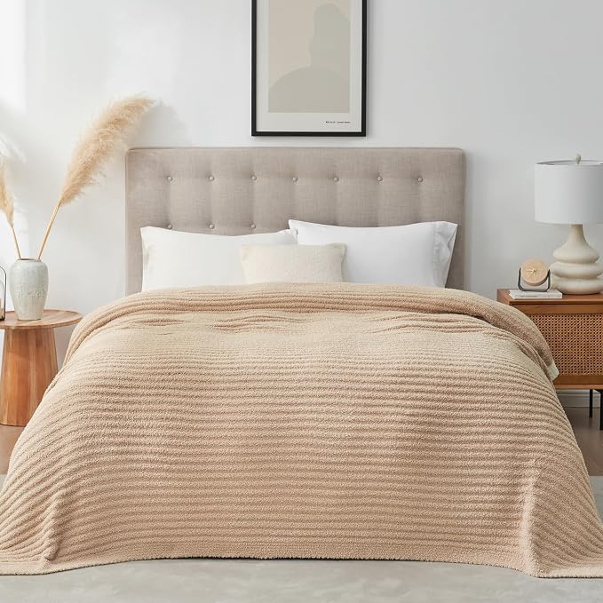 Snuggle Sac Queen Size Blanket for Bed, Soft Luxurious Bedding Blankets, Large Fuzzy Plush Microfiber Blankets, Beige, 90x90 inches