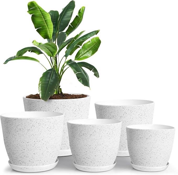 Plant Pots Indoor with Drainage 5 Pack Multi-Size Planters Set Spotty Grey | Drainage holes included Multiple sizes 7/6.6/6/5.3/4.8 In Indoor plants and flowers Durable plastic construction