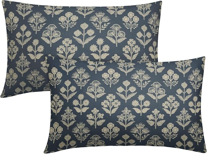 Dusty Blue Pillow Covers 12x20 Inch Set of 2, Cream Floral Block Print Pattern Lumbar Decorative Throw Pillowcases Outdoor Farmhouse Rectangle Cushion Covers Spring Summer Sofa Couch Bed Decor