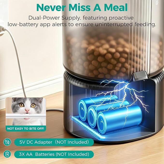 WiFi Automatic Cat Feeder, Smart App Control, 3L | WiFi scheduling, dual power(no battery), detachable & easy clean. Locks dry food flavor, ideal for cats & small dogs.