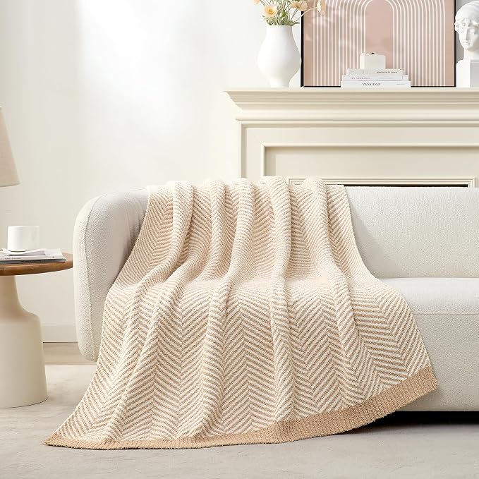 Snuggle Sac Herringbone Throw Blanket for Couch, Reversible Super Soft Warm Blankets Cozy Knit Fuzzy Plush Lightweight Throws for Sofa, Bed, Camping, Beige, 50x60 inches