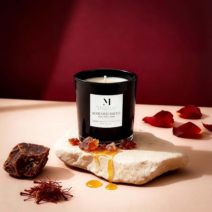 Candle & Warmer Set – 8.5 oz Coconut Blend Luxury Candle + Hand Blown Glass Lamp Warmer | Modern Self-Care Gift Set (Chrome, Rose Oud)