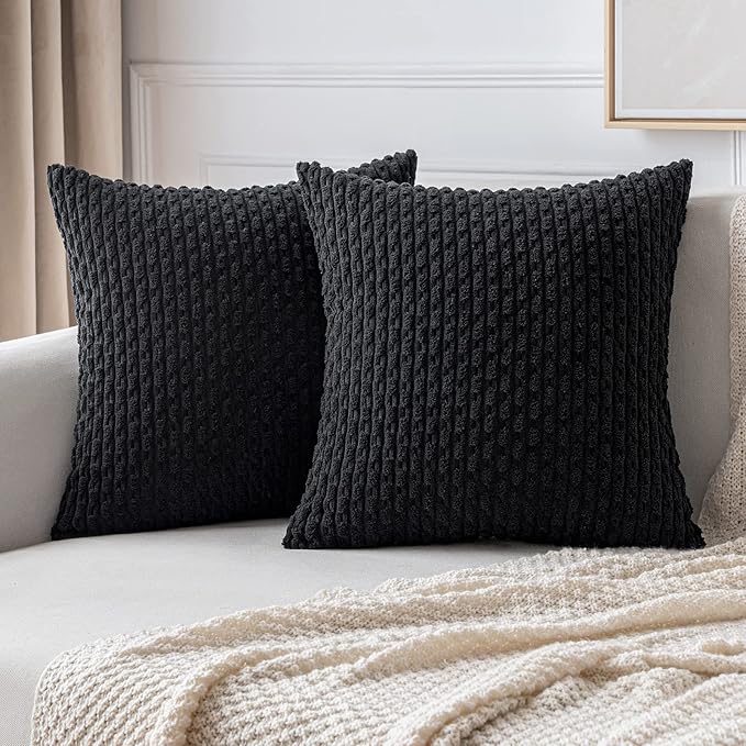 MIULEE Decorative Throw Pillow Covers 16x16 Black Textured Corduroy | Pack of 2 Striped Pillow Covers Modern Farmhouse Home Decor for Couch Bed Sofa Living Room
