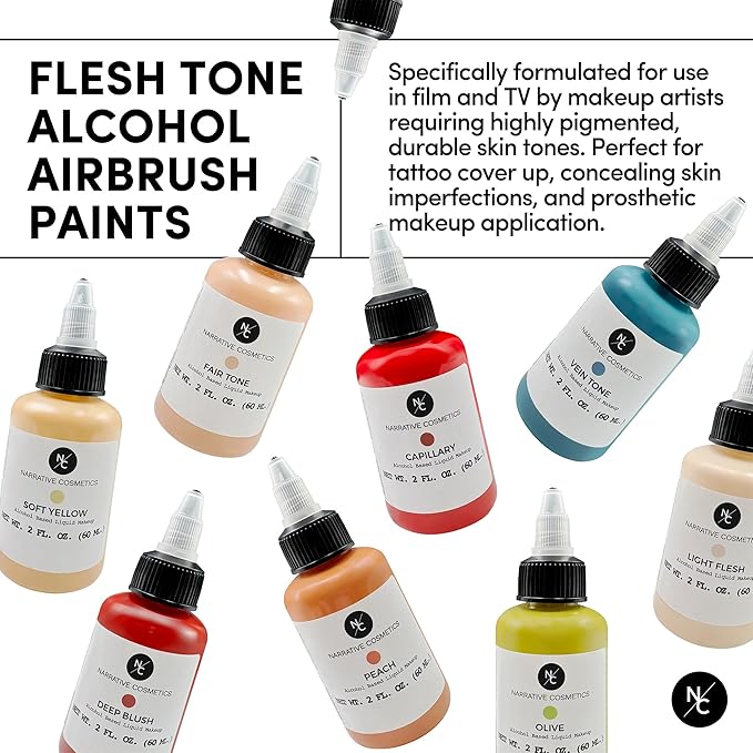 Narrative Cosmetics Flesh Tone Alcohol Airbrush Paints - 2 fl oz, Skin Safe, Quick Dry, Waterproof, Sweatproof, Transferproof Liquid Makeup for Tattoo Cover-Up, Bodypainting, FX Makeup - Vein Tone