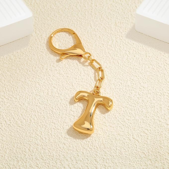 WOWORAMA Initial Letter Keychain for Women Chunky Gold Bubble Letter Bag Charm Purse Charm Personalized Keyrings Accessories