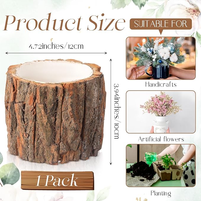 1 Pcs Wooden Vase for Centerpieces Wedding Flower Table Centerpieces Woodland Party Decor Rustic Farmhouse Bark Stump Buckets Vintage Planter Pots for Garden Baby Shower Window Home (Large)