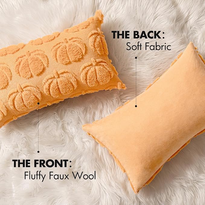 MIULEE Fall Pillow Covers Pumpkin Fall Decor Lumbar 12x20 Pumpkin | Set of 2 Fall Decorations for Home, Plush Faux Fur Farmhouse Accent Pillowcases, Porch Sofa Couch Cushion Bed Livingroom
