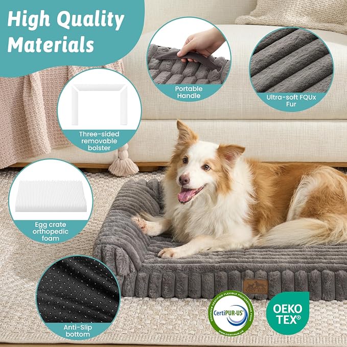 COZY KISS Faux Rabbit Fur Extra Large Dog Bed – 48"x35" Orthopedic Foam Couch with Sides, Removable Washable Cover & Waterproof Lining, Grey